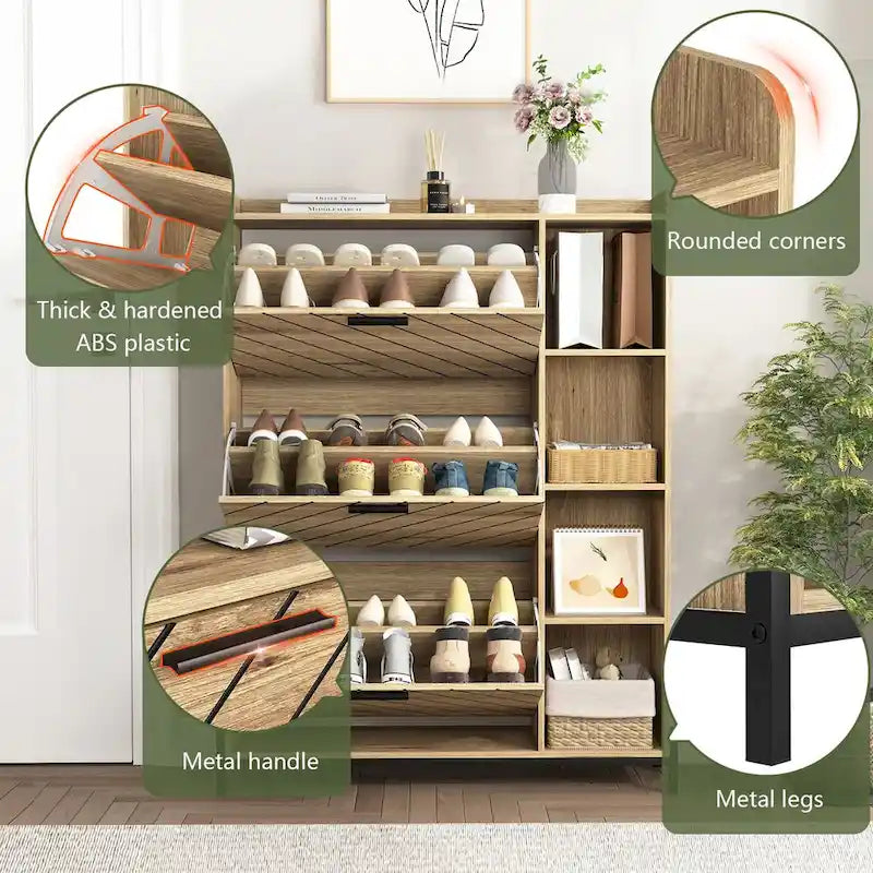 Meuble à chaussures avec 3 tiroirs basculants et étagères ouvertes, meuble de rangement à chaussures mince pour entrée, étagère à chaussures étroite et discrète pour talons et bottes