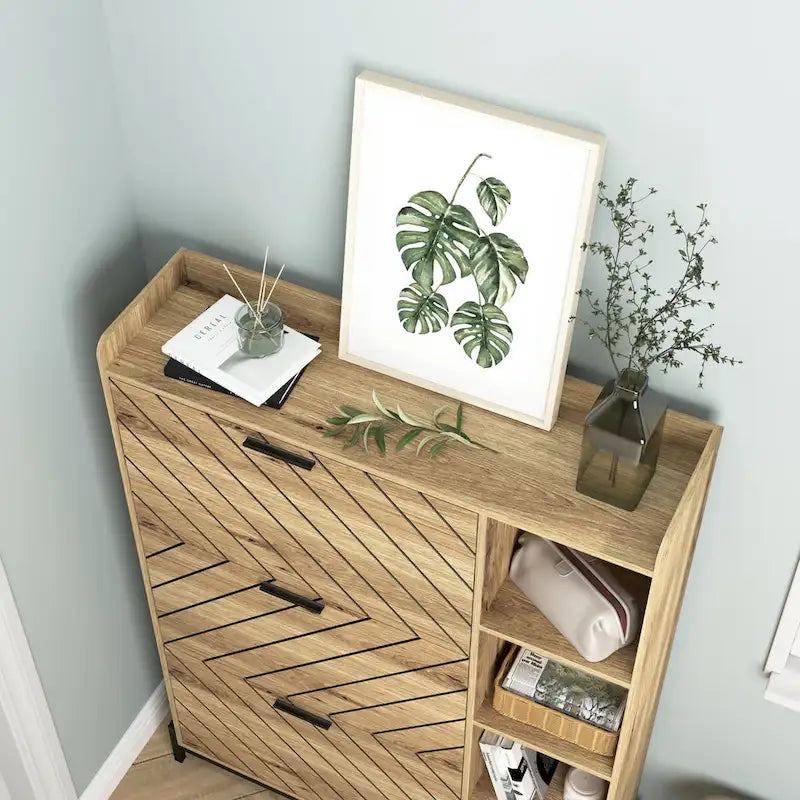 Meuble à chaussures avec 3 tiroirs basculants et étagères ouvertes, meuble de rangement à chaussures mince pour entrée, étagère à chaussures étroite et discrète pour talons et bottes