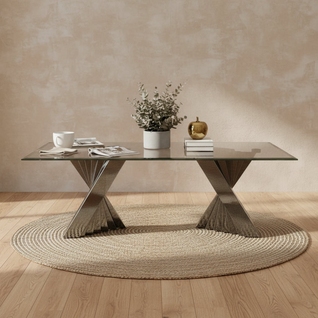 Clear Tempered Glass Coffee Table with Silver Stainless Steel Base for Living Room
