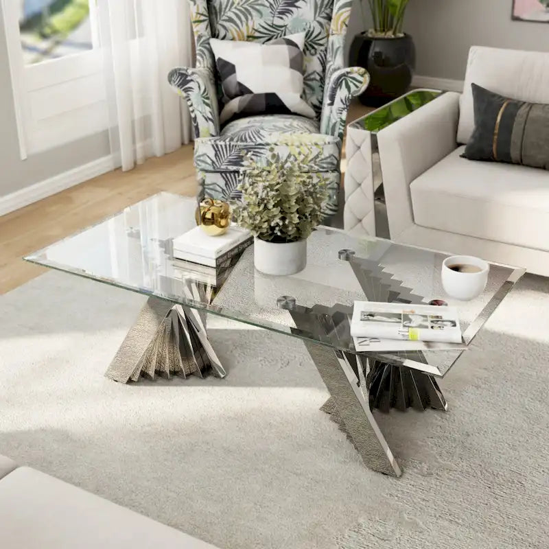 Clear Tempered Glass Coffee Table with Silver Stainless Steel Base for Living Room