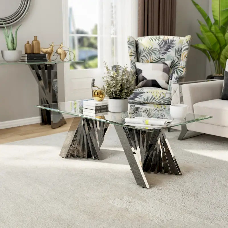 Clear Tempered Glass Coffee Table with Silver Stainless Steel Base for Living Room