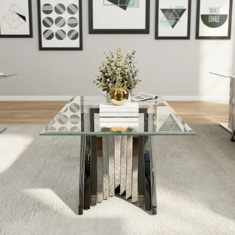 Clear Tempered Glass Coffee Table with Silver Stainless Steel Base for Living Room