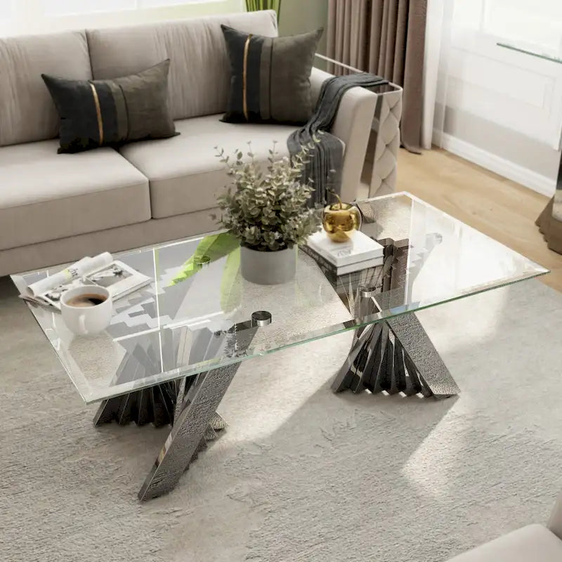 Clear Tempered Glass Coffee Table with Silver Stainless Steel Base for Living Room