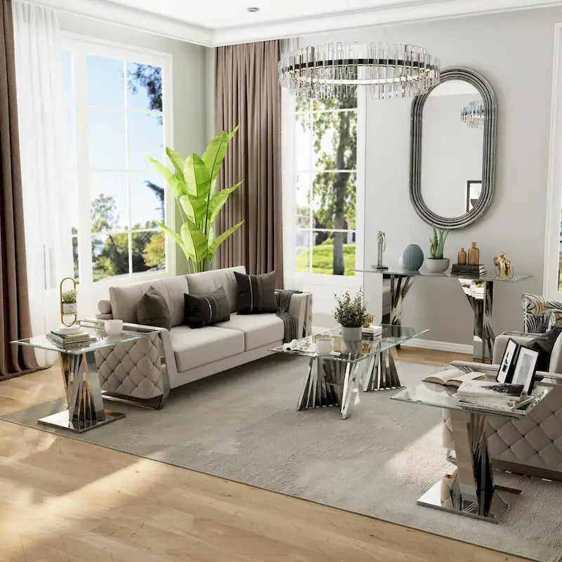 Clear Tempered Glass Coffee Table with Silver Stainless Steel Base for Living Room