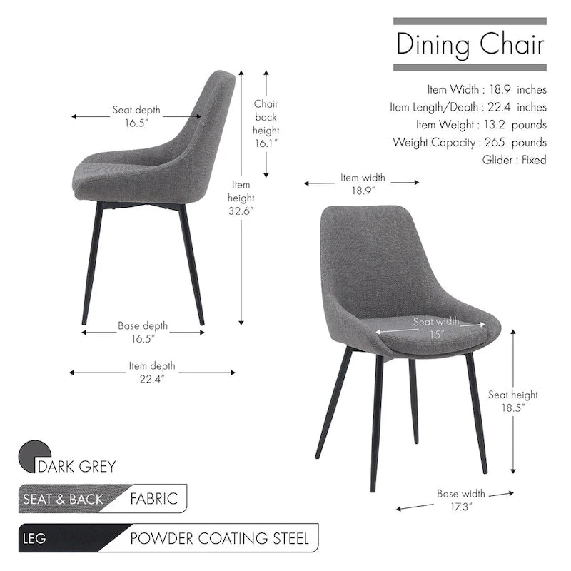 Fabric Dining Chairs with Steel Legs, Set of 2