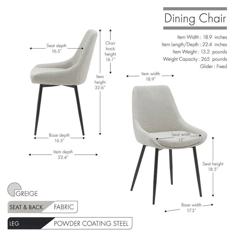 Fabric Dining Chairs with Steel Legs, Set of 2