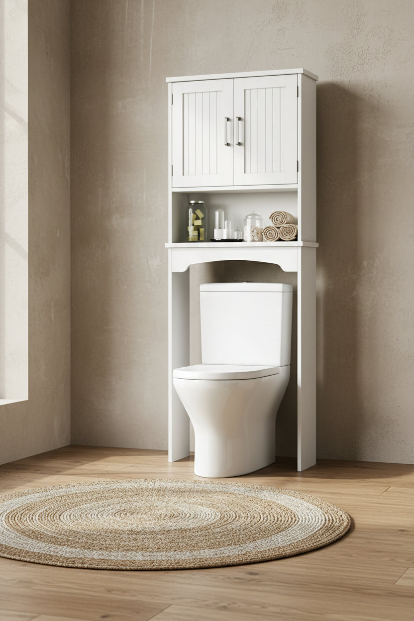 Over The Toilet Storage Cabinet with Double Doors and Anti-Tip Device